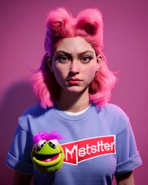 Portrait, waitress woman with monster muppet mask that covers her entire head, retro style, Sesame Street style, pink, smooth, unreal engine 5, god lights, ray tracing, RTX, lumen lighting, ultra detail, volumetric lighting, 3d.