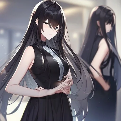 Clear focus,8k,Beatiful Lighting,Beatiful Blur,Beatiful Face,Beatiful Shading,Black long hair,silky hair, long silky bangs, black eyes, wearing a detailed outfit outfit,must wear a short black skirt, Hair in eyes, lot of hair,One arm is sleeveless,