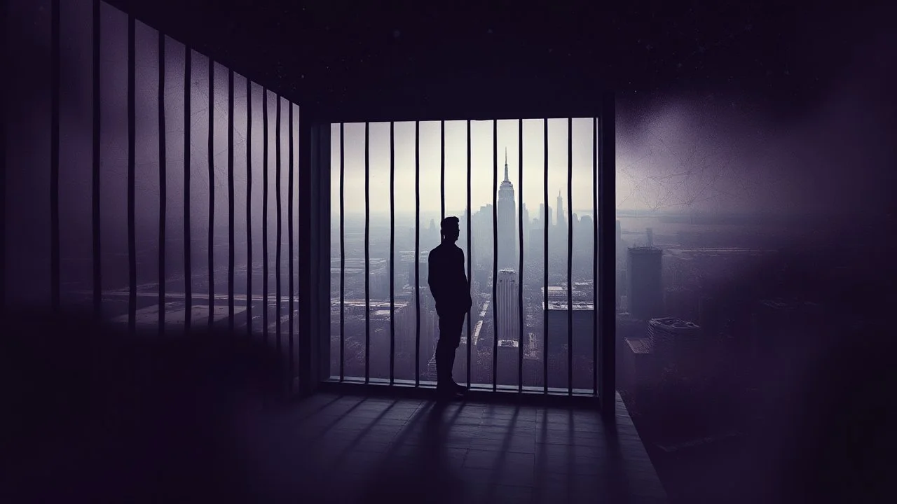 inner stands a human figure alone in an cube like cage with dense bars , in outside around in the distance big landscape with big city and many fade human figures in the city, dark purple, gray, black, white, brown. Whimsical style and surreal vibe, lonely with neuron network background, surreal stunning vibe