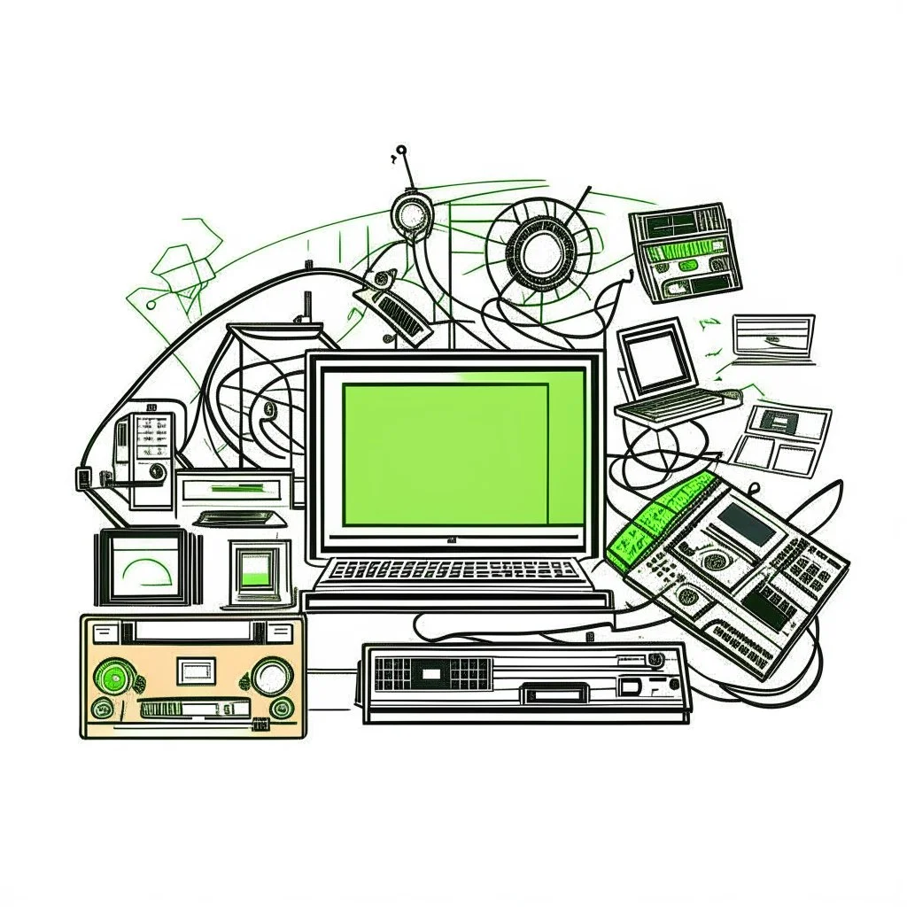 "Declutter & Upgrade. Save Money on Used Electronics." web lik facebook design graphic, vector, contour, white background