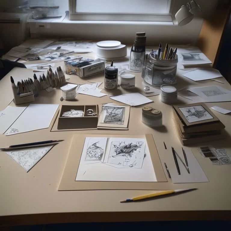 A photograph of a drawing table with cards on it and drawing tools