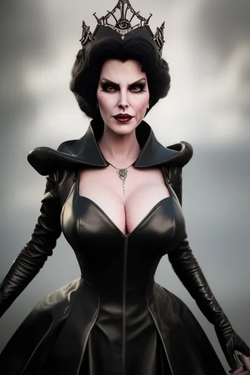 Amy Dumas as evil queen in black leather gown, evil, busty, cleavage, curvy, angry, stern look. character design by cory loftis, fenghua zhong, ryohei hase, ismail inceoglu and ruan jia. unreal engine 5, artistic lighting, highly detailed, photorealistic, fantasy