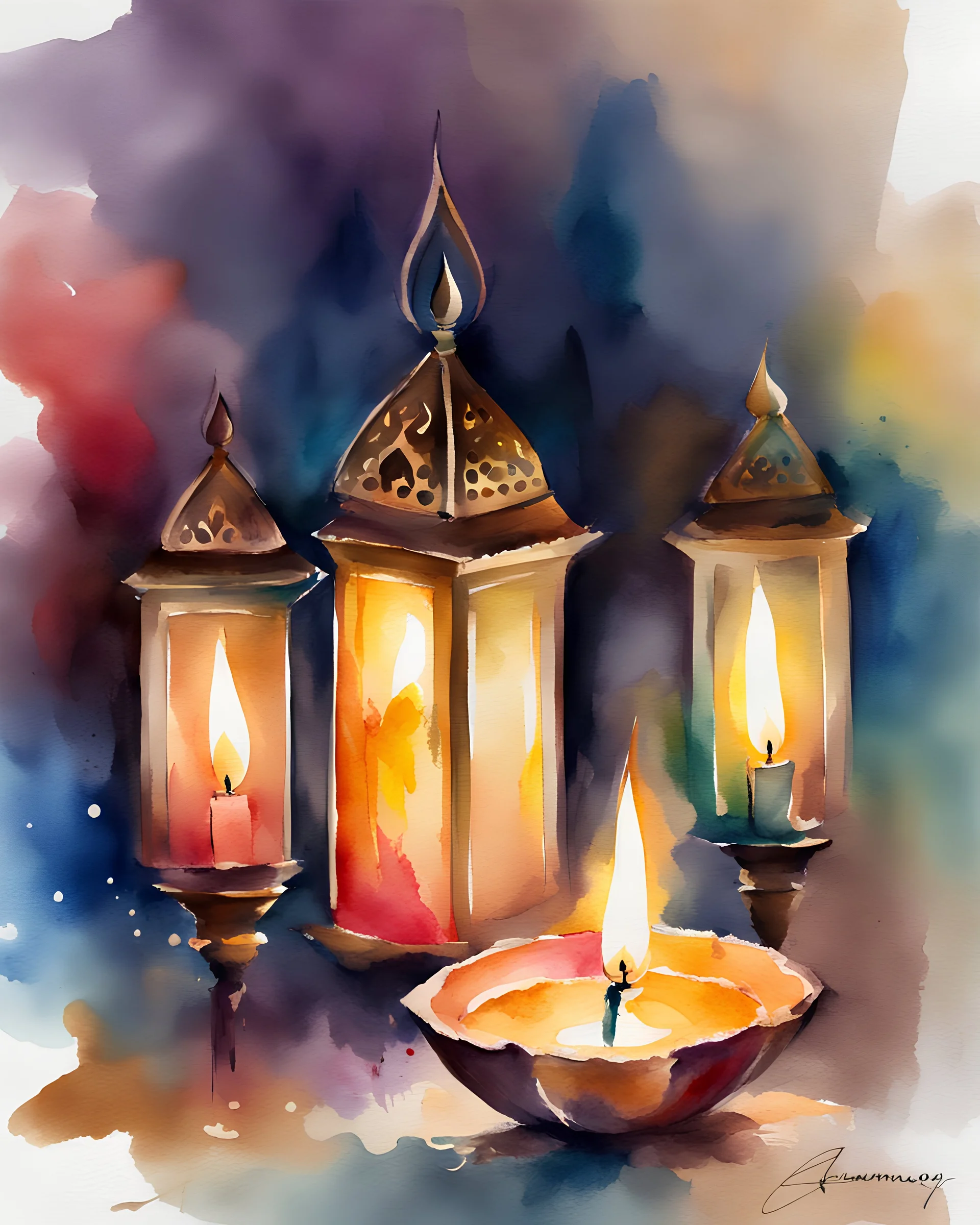 diwali lamp, watercolor,with a splash of mixed colors on a white background, sharp details, , Anna Razumovskaya style, atmospheric light, realistic colors