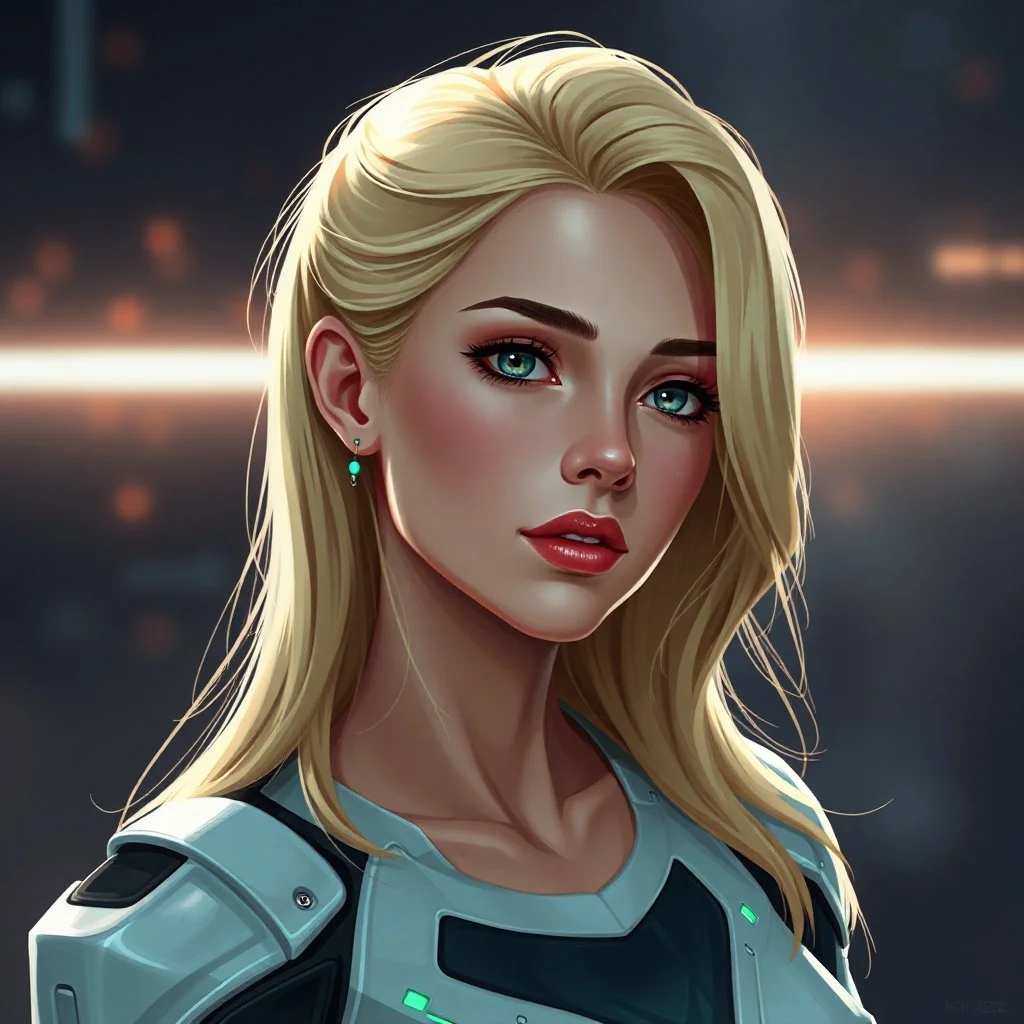 a pretty woman, blonde hair, futuristic, contemplative, digital art, stylised