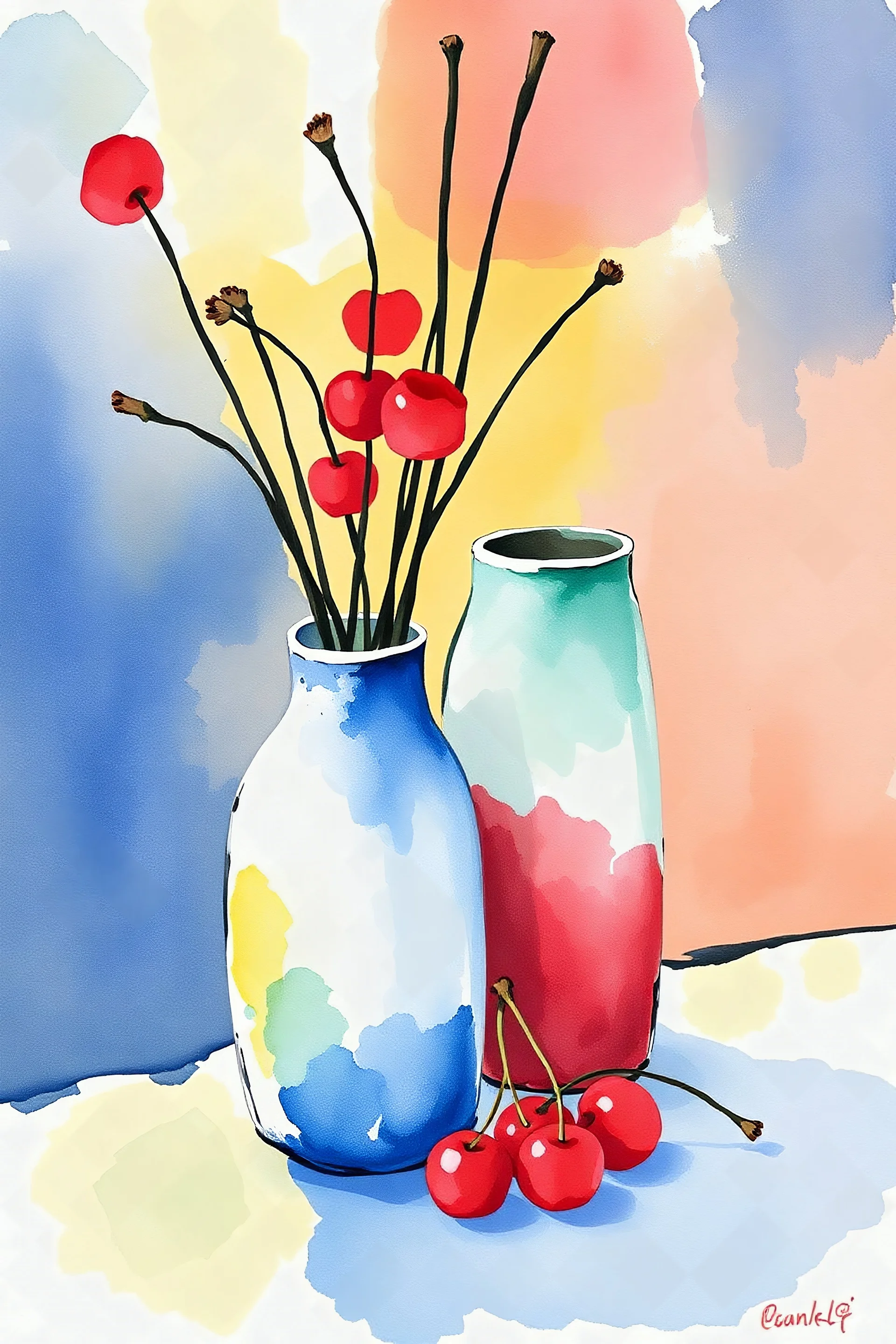 Watercolour Abstract vases with sticks and cherries