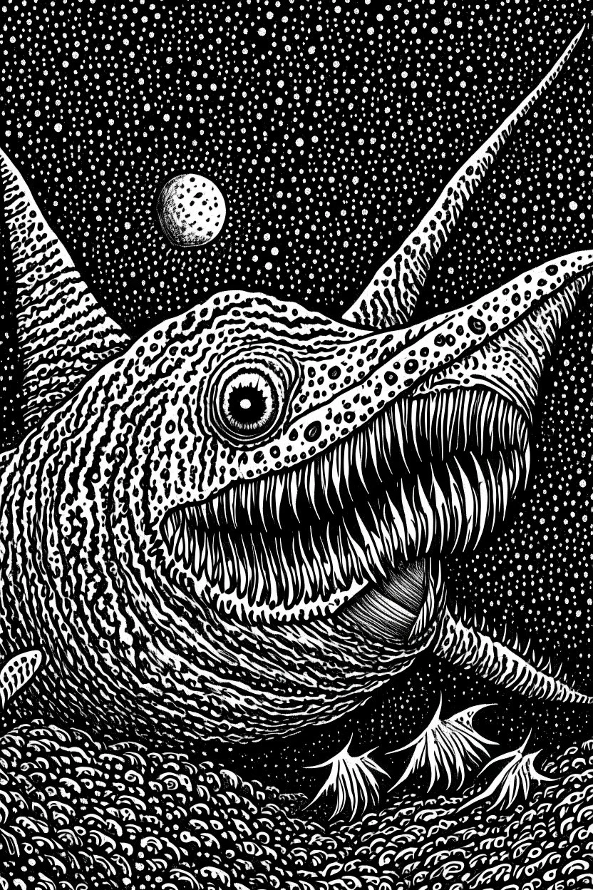 Moth / shark hybrid in the style of "Berserk" manga. B/w.