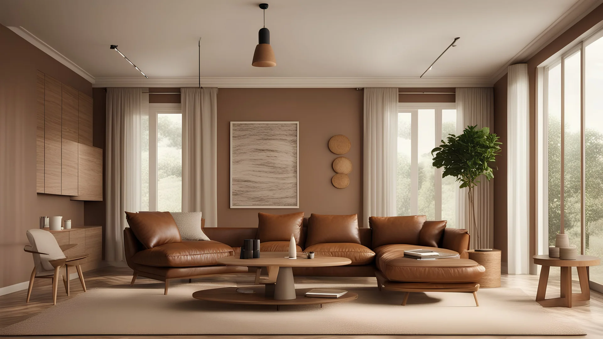 Home interior mock-up with brown leather sofa, table and decor in living room, 3d render