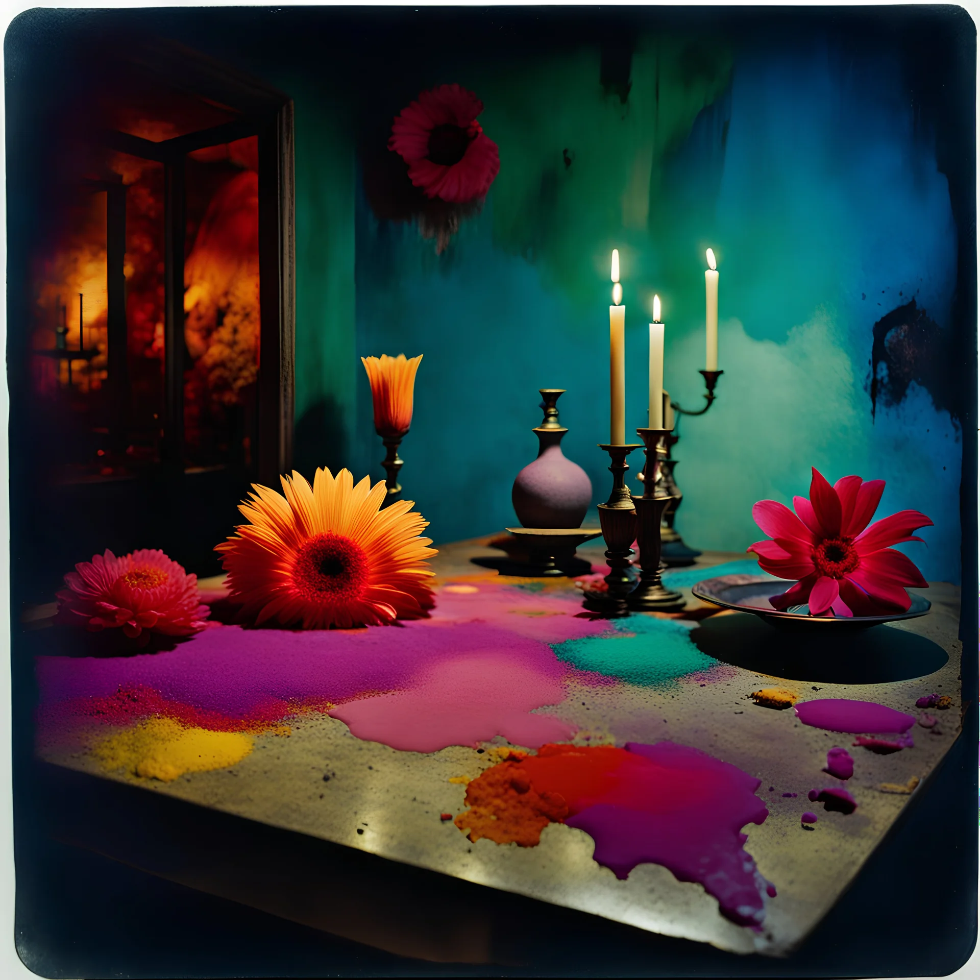 Close up polaroid photography of spooky room, eerie, table, Max Ernst, colored powder, Yves Tanguy, hypnotic, giant flowers, volumetric light, colors, details of the table very accentuated, filthy pieces of dismebered body, strong contrasts and dynamism