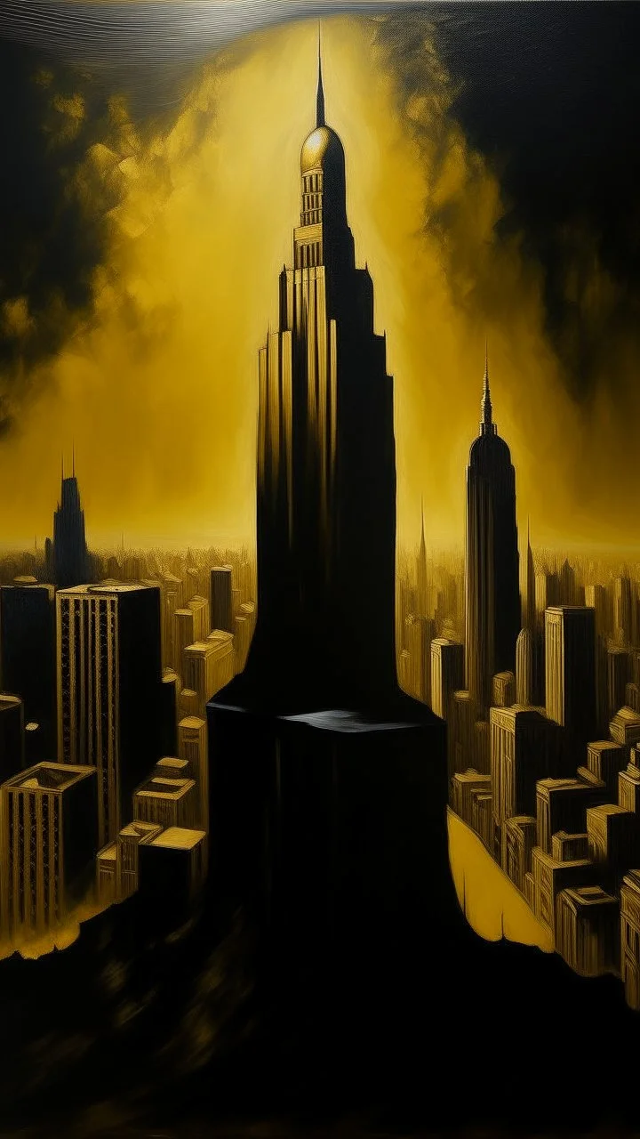 oil painting of a high building city of gold That lies in the distance with big black hooded shadow in the background