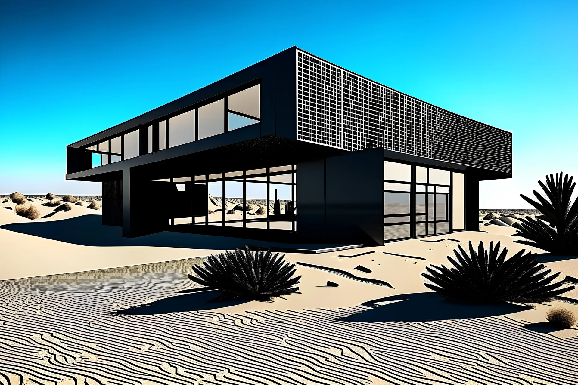 modern architecture black house in the desert with detailed sand