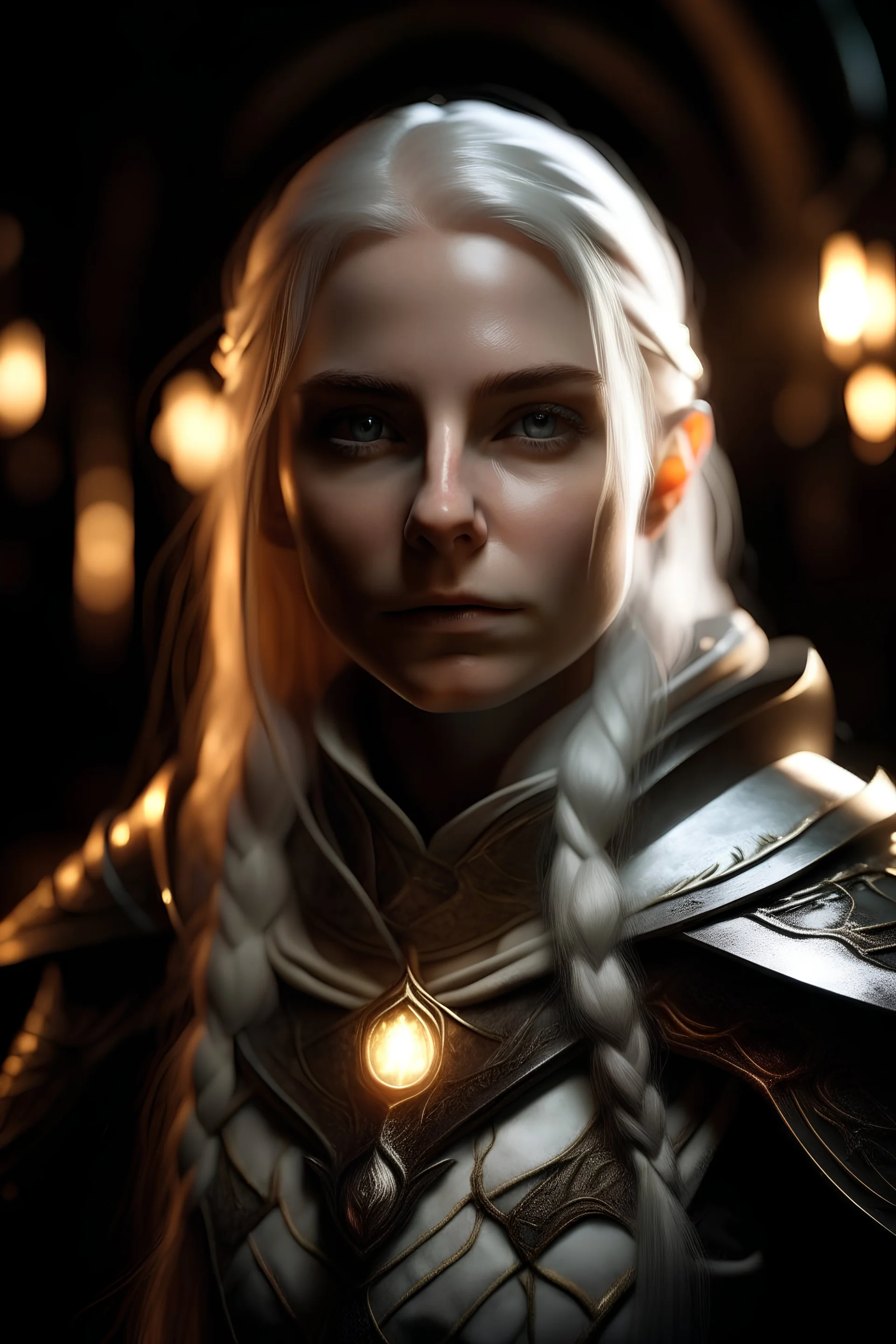 portrait of a beautiful female elven young paladin, messy white hair, pale white eyes, pale skin, dressed in an ornamented light plate armor, wearing a hood and a silver circlet, confident, evil, unholy symbol, standing in a tavern, realistic, dim torch lighting, sexy, cinematic lighting, highly detailed face, very high resolution, looking at the camera, centered