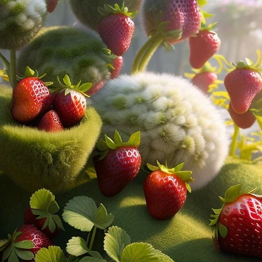 pixar style, volumetric summer garden environment and background, volumetric lighting, dramatic lighting, realistic painting of an strawberry, looking excited, detailed digital painting, extreme dense and fine fur, anime, ornate, colour-washed colors, elegant, small minutiae, tiny features, particulars, centered, smooth, sharp focus, renderman gofur render, 8k, uhd, detailed eyes, realistic shaded volumetric lighting, sunlight caustics, backlight, centered camera view