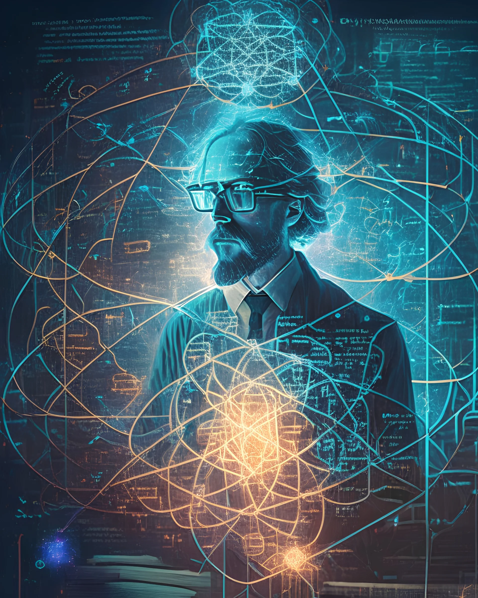 A portrait of a scientist surrounded by a luminous web of glowing equations and symbols, representing the interconnected nature of knowledge and discovery.