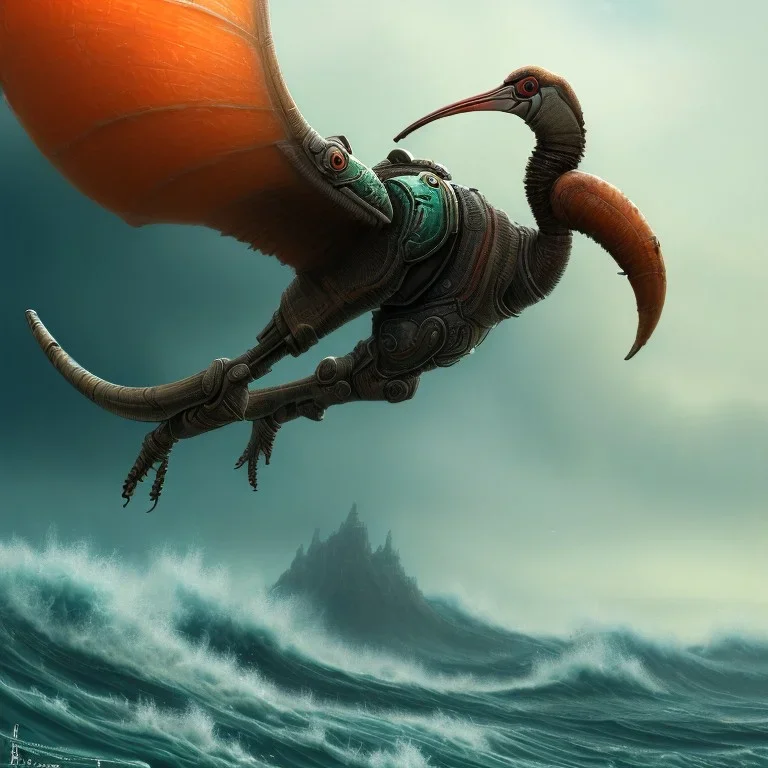 an ibis warrior in orange and green full battle armor, background of giant crashing ocean waves, a highly detailed illustration, realistic render, 8 k, micro detail, intricate, elegant, centered, digital painting, smooth, sharp focus, illustration, artgerm, tomasz alen kopera, peter mohrbacher, donato giancola, joseph christian leyendecker, wlop, boris vallejo