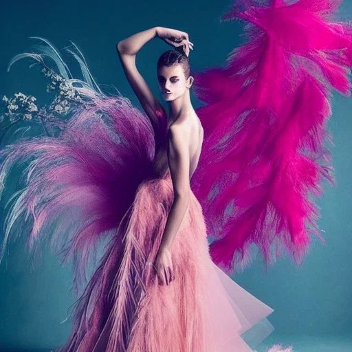 dress made out of feathers, sequins and tulle, stunning colors, chiaroscuro, fashion photography, vogue, dramatic, beautiful lighting, delicate composition, aesthetic, ballerina, ballgown