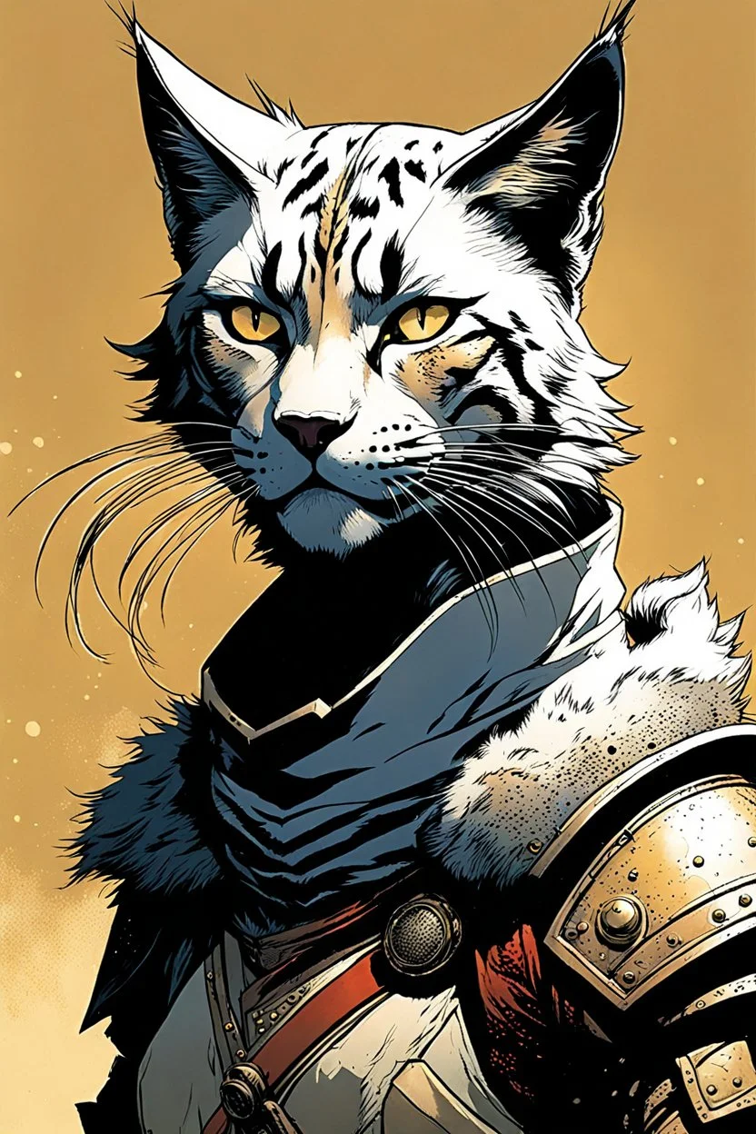 create an ethereal, otherworldly anthropomorphic Khajiit Lynx female warrior , in the comic book art style of Mike Mignola, Bill Sienkiewicz, and Jean Giraud Moebius, with highly detailed fur and feminine facial features , finely inked , dramatic natural lighting