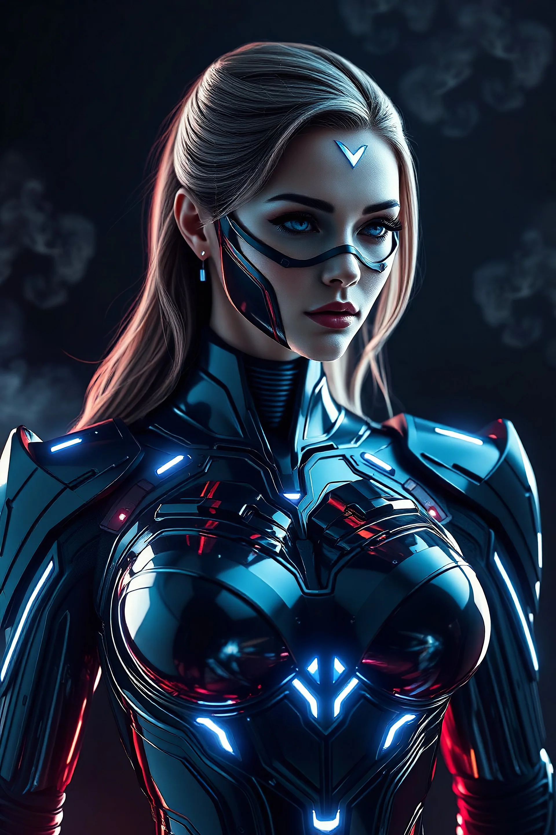 Supergirl, beautiful AI woman, busty, black chrome and tech, futuristic, armor, hyper realism, dark background with illuminated smoke