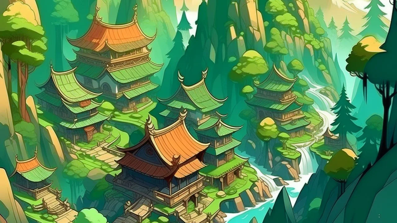 fantasy cartoon style illustration: chinese mountain forest village