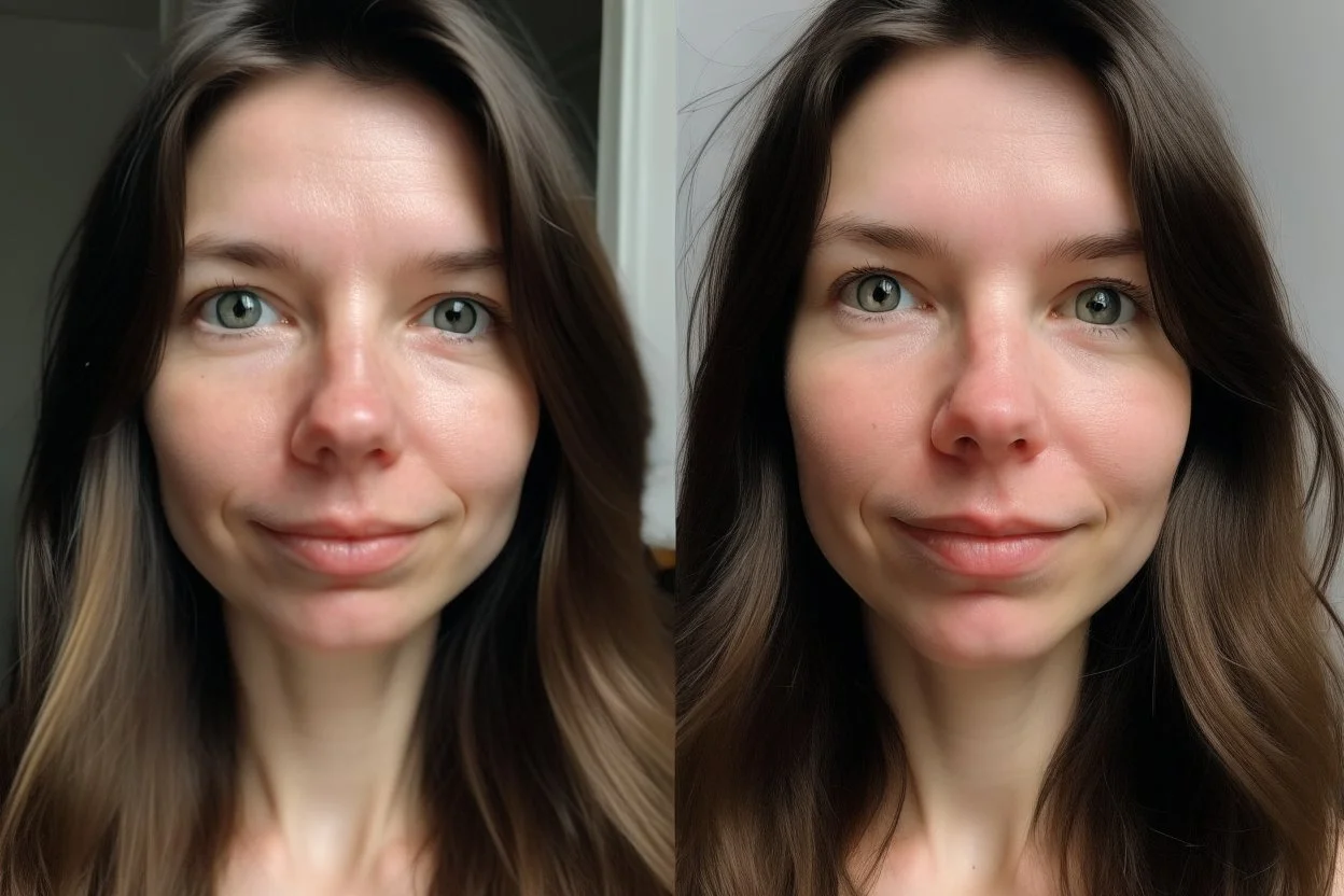 A selfie of a brunette woman, middle long hair, showing a 29-year-old European woman. She has brown hair, face without makeup, cute nose, detailed full lips, skin texture. Split screen and show the same face but without wrinkels and younger .