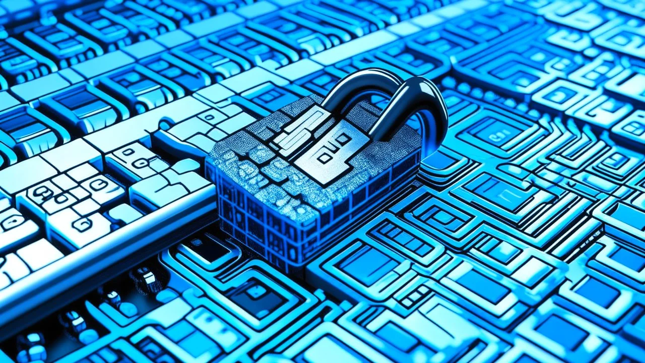 The image closely depicts a computer keyboard secured with a complex digital lock. The blue and white colors reflect the technological and security aspects of the subject. As an expression of digital protection and a focus on security in the era of digital communication, this image represents the balance between technology and personal safeguarding.