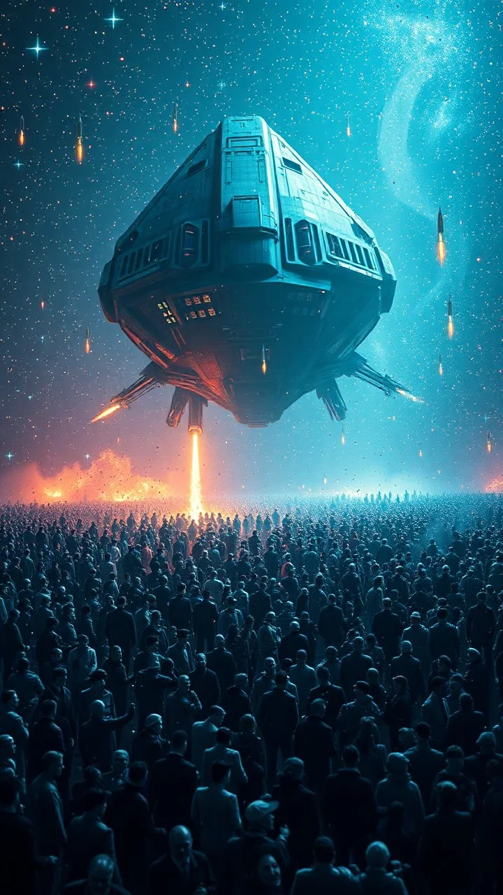 A field of random people in a bright lighting , at the end of the picture a huge complicated details texture of a blue dark colorful aliens spaceship , lot of rockets and falling stars filling the picture