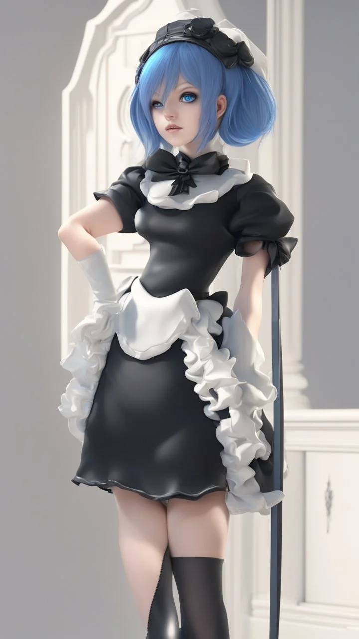 3d maid with black long dress and short black hair and blue glowing eyes