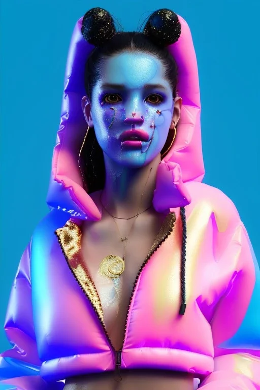 Ultra Realistic image, Rosalía artist, portrait, waist up portrait, long black eye line, sweet face, inflatable hoodie, gold pink and blue style, spray glow make up, led rings piercing, led geometric ornament, fog, hot, inflatable style bubble latex coat, vibrant color, highly detailed, art stations, concept art, smooth, unreal engine 5, god rays, ray tracing, RTX, lumen lighting, ultra detail, volumetric lighting, 3d, finely drawn, high definition, high resolution.