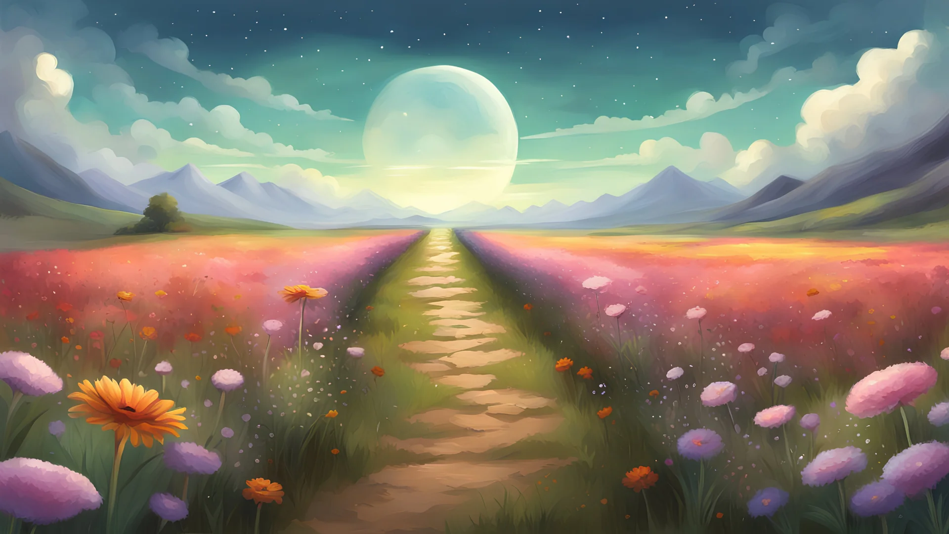 illustration {a scene showing a path leading away from the viewer in a field of flowers} digital art, semi-realistic, fantasy, dreamscape