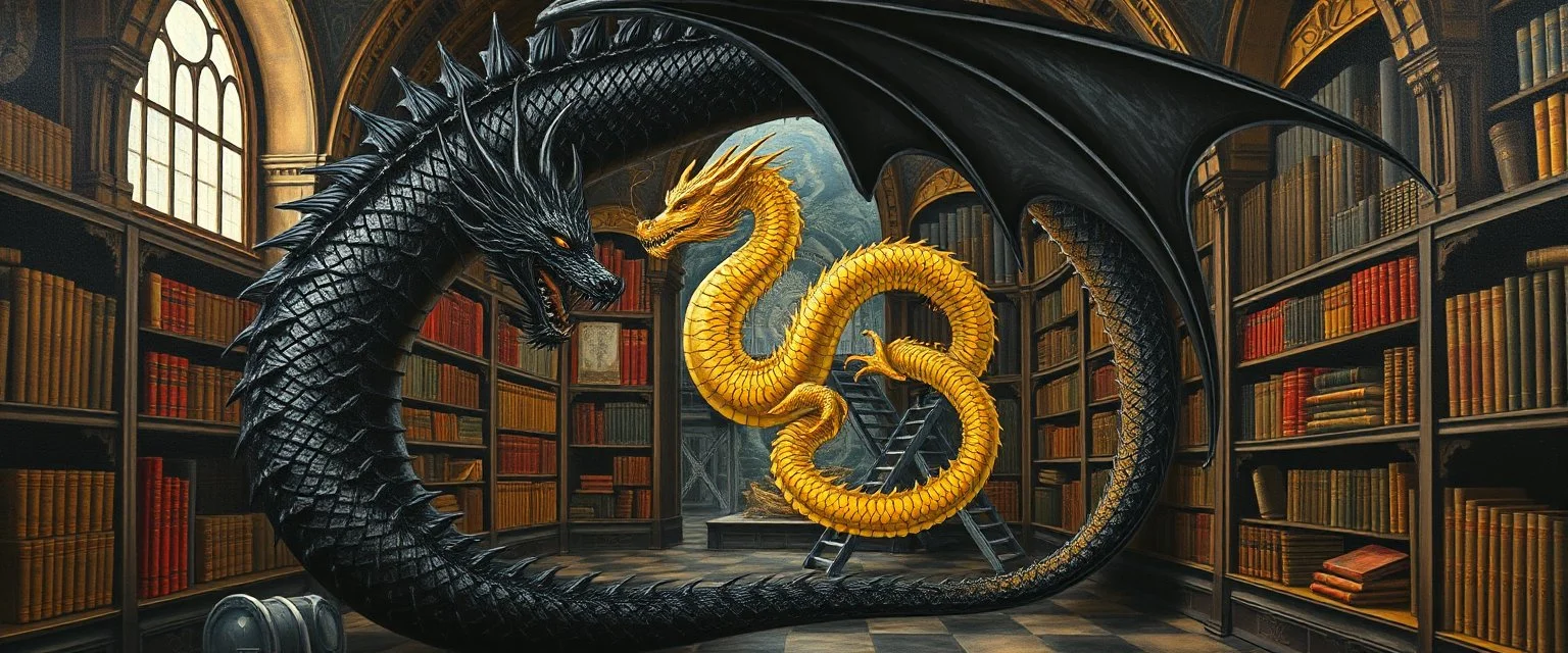 master oil painting by Escher and Giger, black dragon and hidden golden dragon inside library