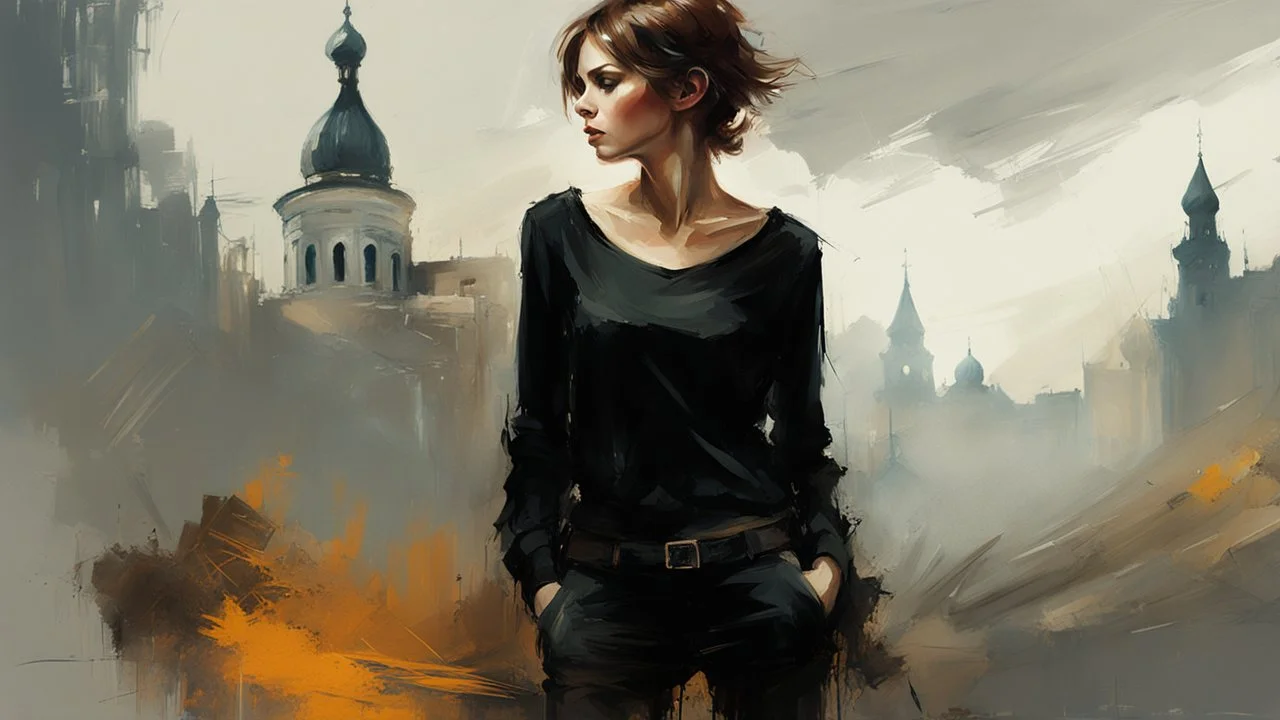 russian woman 26yo with short brown hair, wearing a black shirt with long sleeves and tactical pants :: dark mysterious esoteric atmosphere :: digital matt painting with rough paint strokes by Jeremy Mann Carne Griffiths Leonid Afremov, black canvas