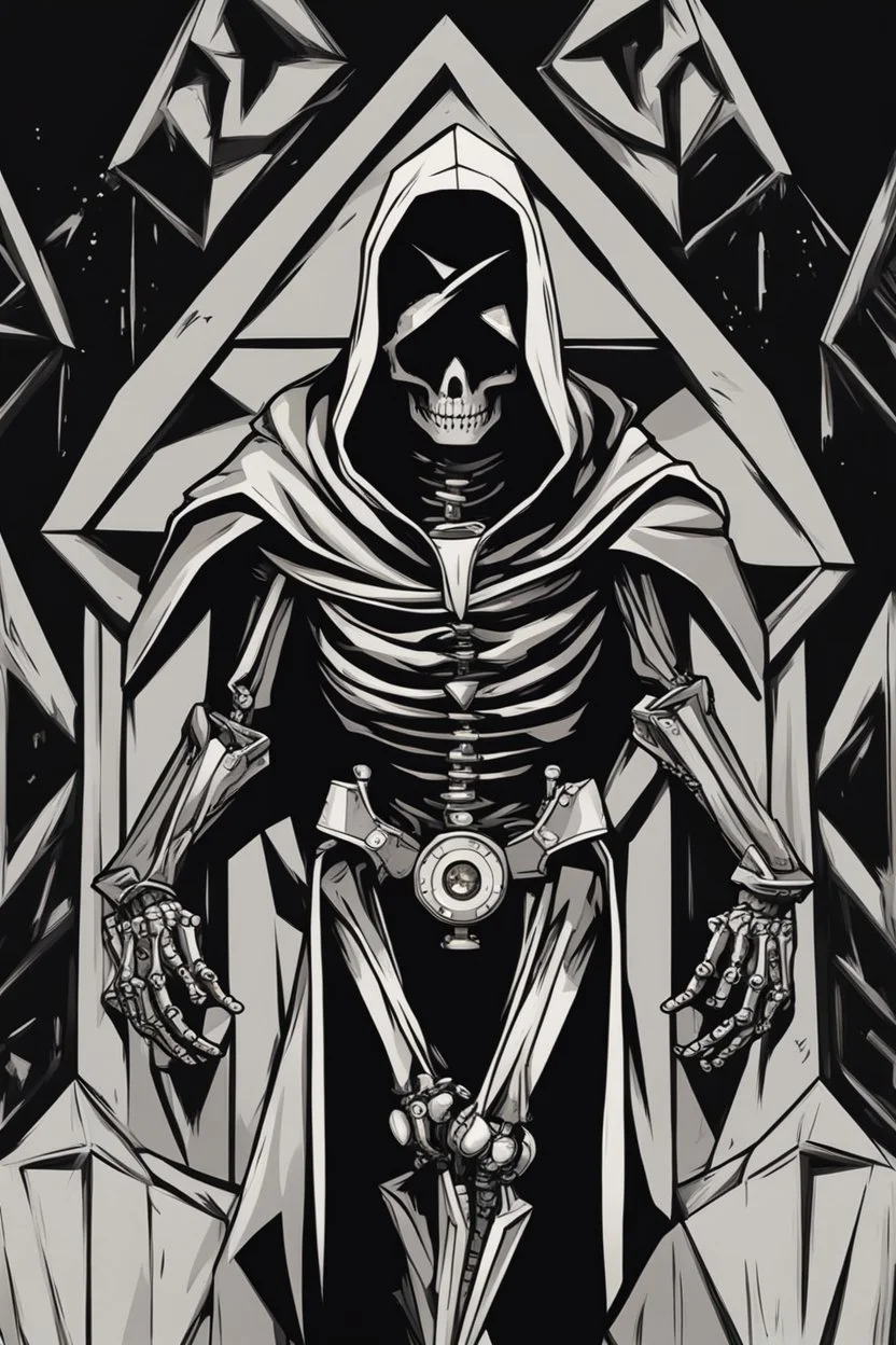 inside a diamond shape, skeleton robot in a black hooded cloak drawn in a retro cartoon style, in a diamond shape on a black background, monochromatic