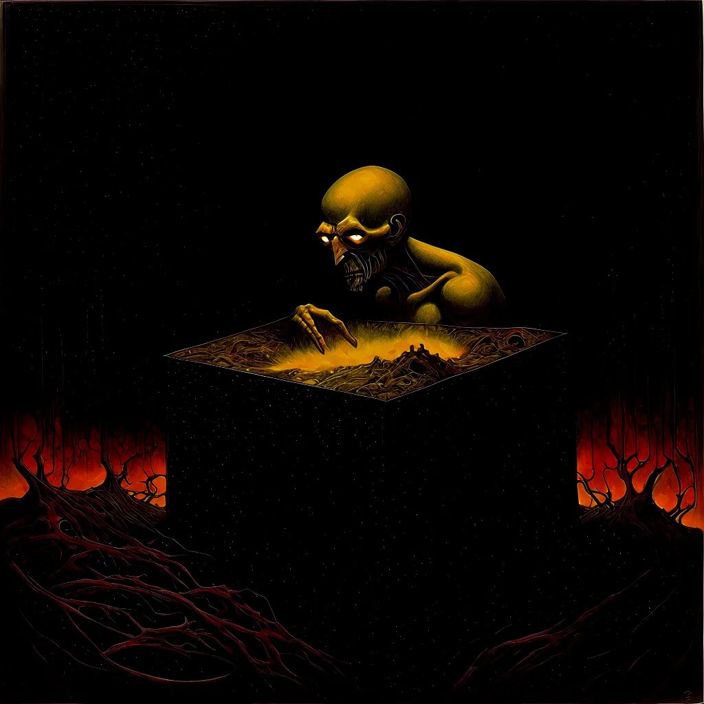 "The Quiet Box" by S.E. Casey, surreal, nightmare art, black - jaundice yellow- crimson muted color scheme, by David Seidman, by Zdzislaw Beksinski, box contains nightmarish dimension that devours sound, creepy, horror, vorticism.