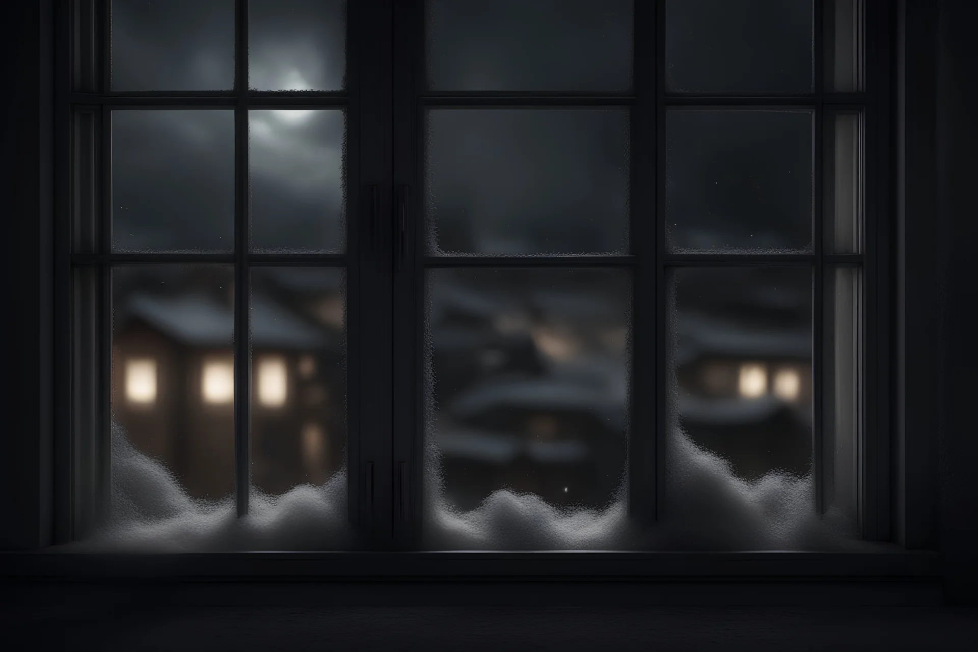 A view from a window covered in hailstones with a dark stormy sky in the background, night time, dramatic lighting, detailed, hyper-realistic, photorealistic, unreal render, cgsociety, 8k, in the style of studio Ghibli --ar 16:9
