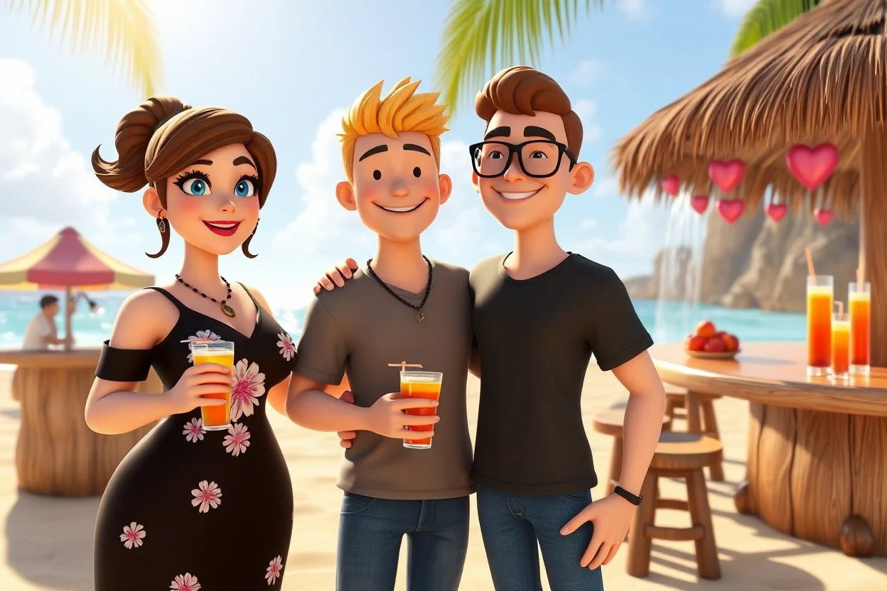 3D video game characters, a brown-haired blue-eyed plus sized woman in a black dress with white and pink flowers hugging friendly a short blonde haired thin man wearing eyeglasses, t-shirts and jeans at the beach in sunshine, tiki bar, cocktails, hearts, waterfall, happiness