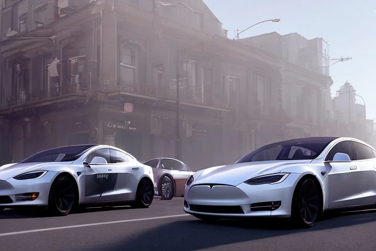 A Tesla 'Model Y' is drifting at high speeds, on the streets of San Francisco. (CINEMATIC, WIDE ANGLE LENS, PHOTO REAL)
