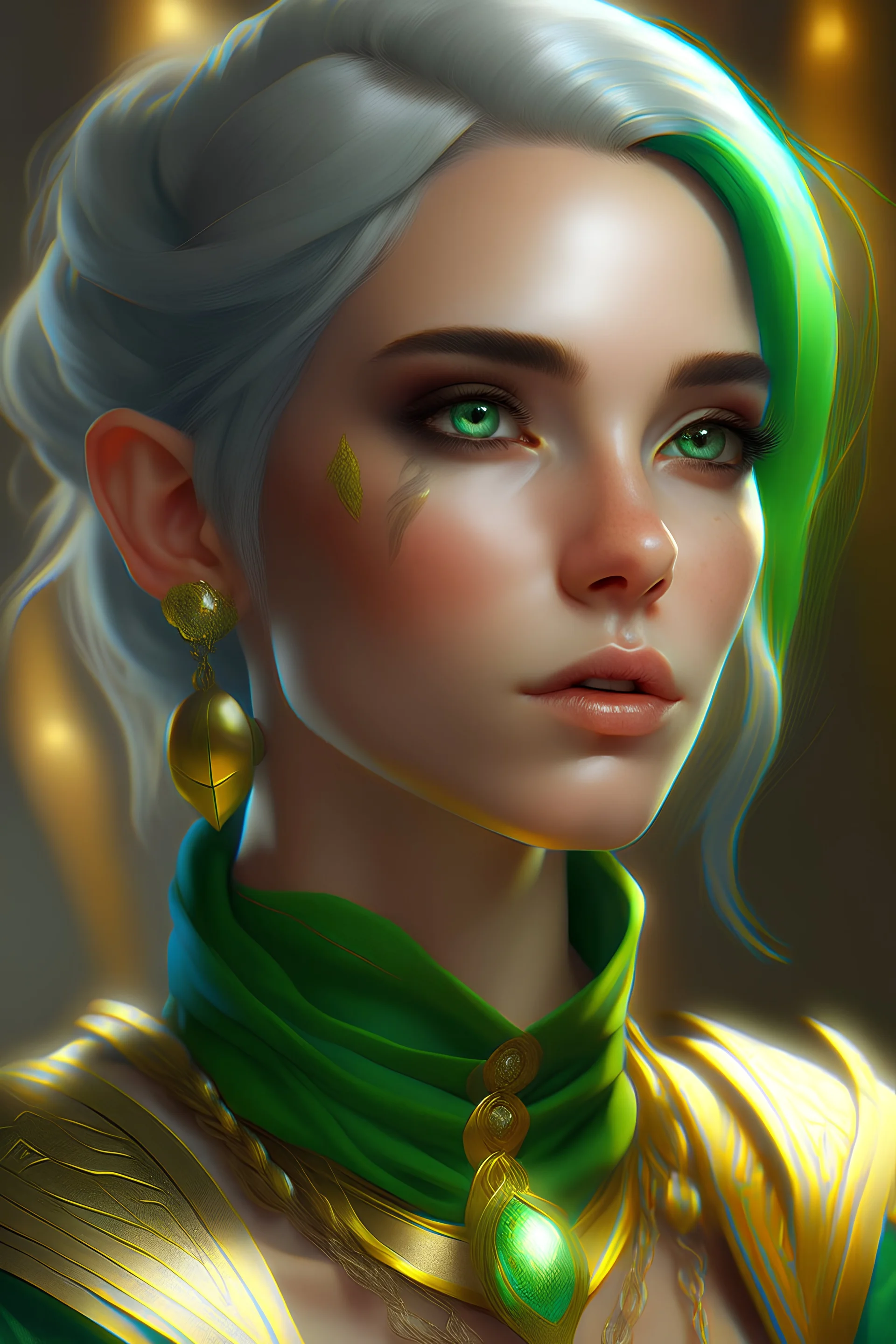 Beautiful D&D character portrait, humanoid half elf, female, colorful fantasy, detailed, realistic face, digital portrait, intricate clothes with silver, gold and black, Fiverr dnd character, wlop, stanley artgerm lau, ilya kuvshinov, artstation, HD, octane render, green hair, hyperrealism
