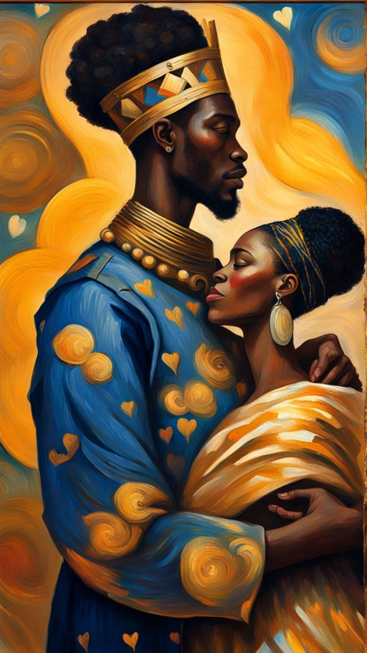 Side profile of an African King with her aspirations behind her. Holding her man hugging with love and romance,Opulent Van Gohn style painting