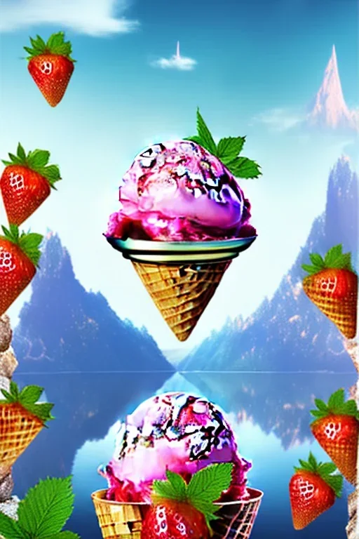 strawberry ice-cream on mountaintop, lake, trees, mystical, Post-painterly abstraction