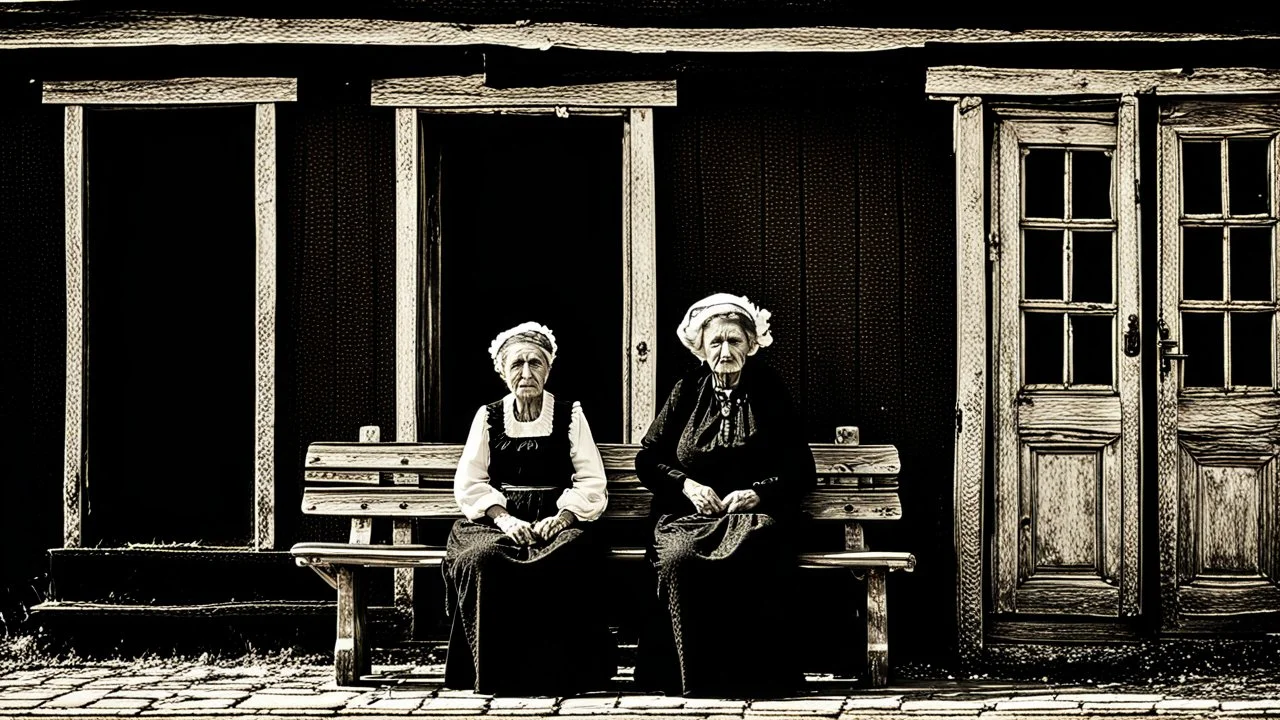 gloomy-looking old women sitting in black hungarian villager dress and wearing east european black head scharf on wooden bench in front of white old house outside in an authentic east european ,hungarian village, high detalied, professional photo, high qualit, high textures. The high-resolution image captures the essence of authenticity and realism, transporting the viewer to another time and place.