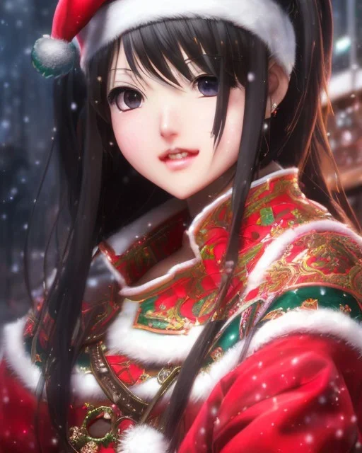 Detailed cute happy anime Kunoichi Christmas girl, Christmas colours, intricate details, full body portrait, keep head in frame, slight smile, black Japanese motif, concept art, highly detailed, digital painting, concept art, sharp focus, illustration, art by Yoji Shinkawa, WLOP and greg rutkowski and alphonse mucha and artgerm and yanjun Chen and Junji ito and Makoto Shinkai, HDR, octane render