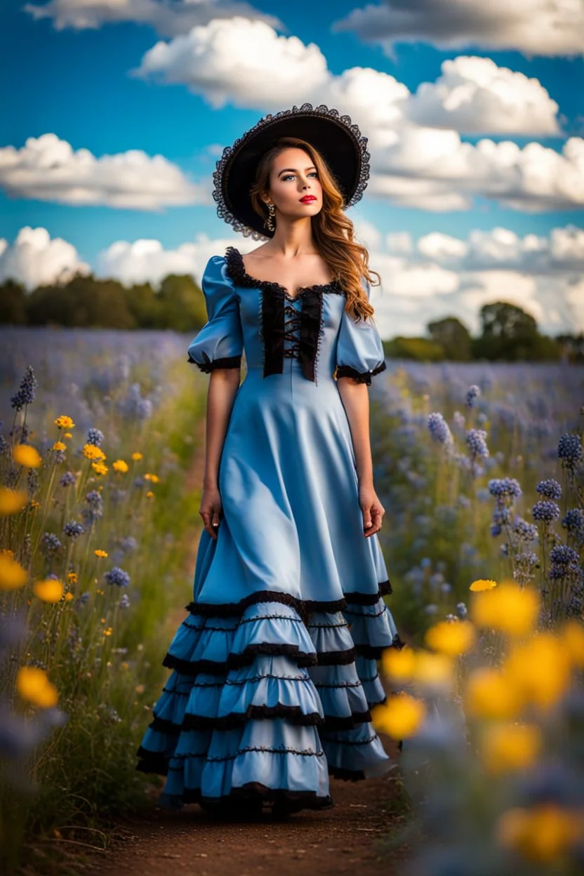 fullbody girl makeup wearing a victorian dress walking in country side ,flowers ,pretty clouds in blue sky