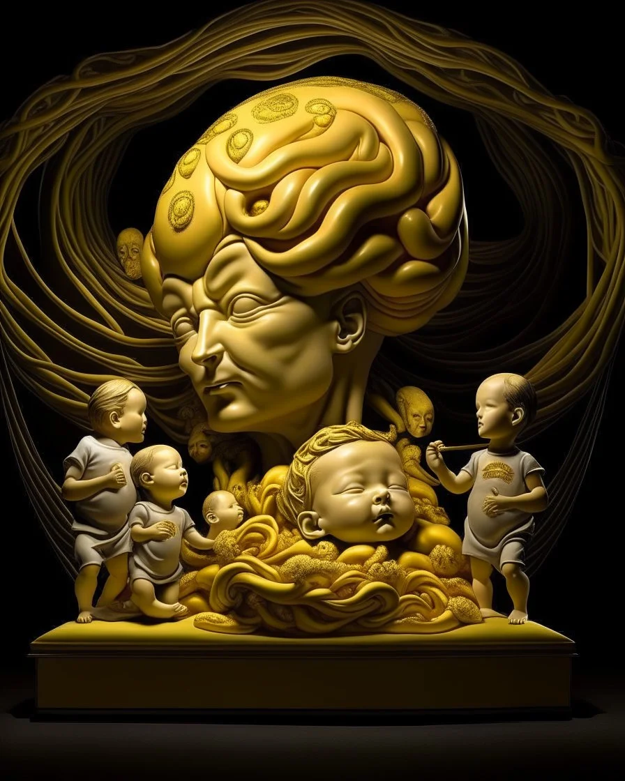 a huge golden inflated sculpture of brain supported by very small beautiful Asian female human bodies, Communist propaganda slogan banner,complex surgical instruments,a newborn boy between light and shadow, black background,surrealism, symbolism, minimalism, sculpture by Lucian Freud, Rene Magritte, Salvador Dali