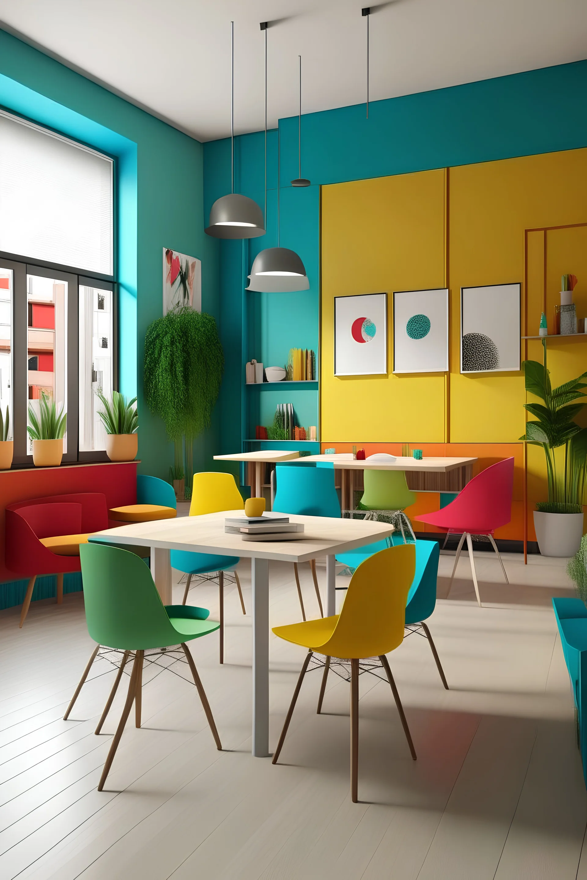 yalnızca mobilyaları sade olan renkli ve pozitif bir toplantı ofisi