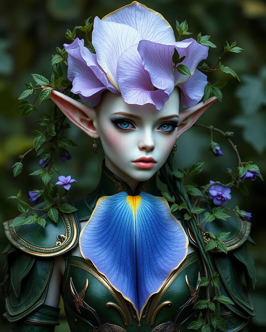 ivory skined flower elf single extra large lavender gold trimmed deep blue bottom iris flower top of head tons of vines trailing shoulders with tons of small leaves female blue eyes green leather armour small pointed ears