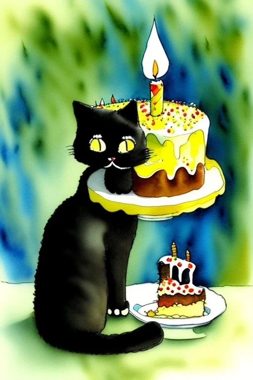 A cute cat is having a birthday cake. Watercolour