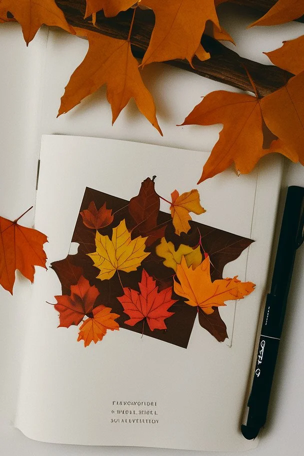 square logo , landscape with leaf fall, flying leaves in the book