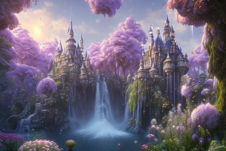 a fairy tale style, with anda indigo castle，waterfall, flowering trees, full of details, matte painting, concept art, smooth, bright sunshine，soft light atmosphere, blender unreal engine，light effect，rtx on，vaporwave colorful, artstation, concept art, smooth, extremely sharp detail, finely tuned detail, ultra high definition, 8 k, unreal engine 5, ultra sharp focus, illustration, magic ambient,