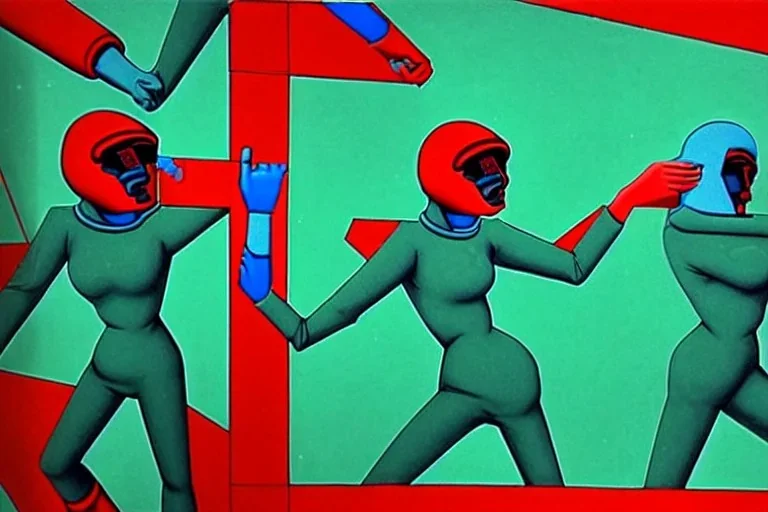 Dark green to cyan body color. Girls with slim body. Pointing with a hand gun. Man behind the image. Cyber-punk. Surrealistic, no eyes. Red and blue mathematical 3D-tiling. Escher tiling background. Oppressive atmosphere. Soviet propaganda. Partly symmetrical in relation to the movement. Perfect golden ratio in vertical and horizontal directions. Deep blue geometrical hexagon in 11th dimension. Narrow focal plane.