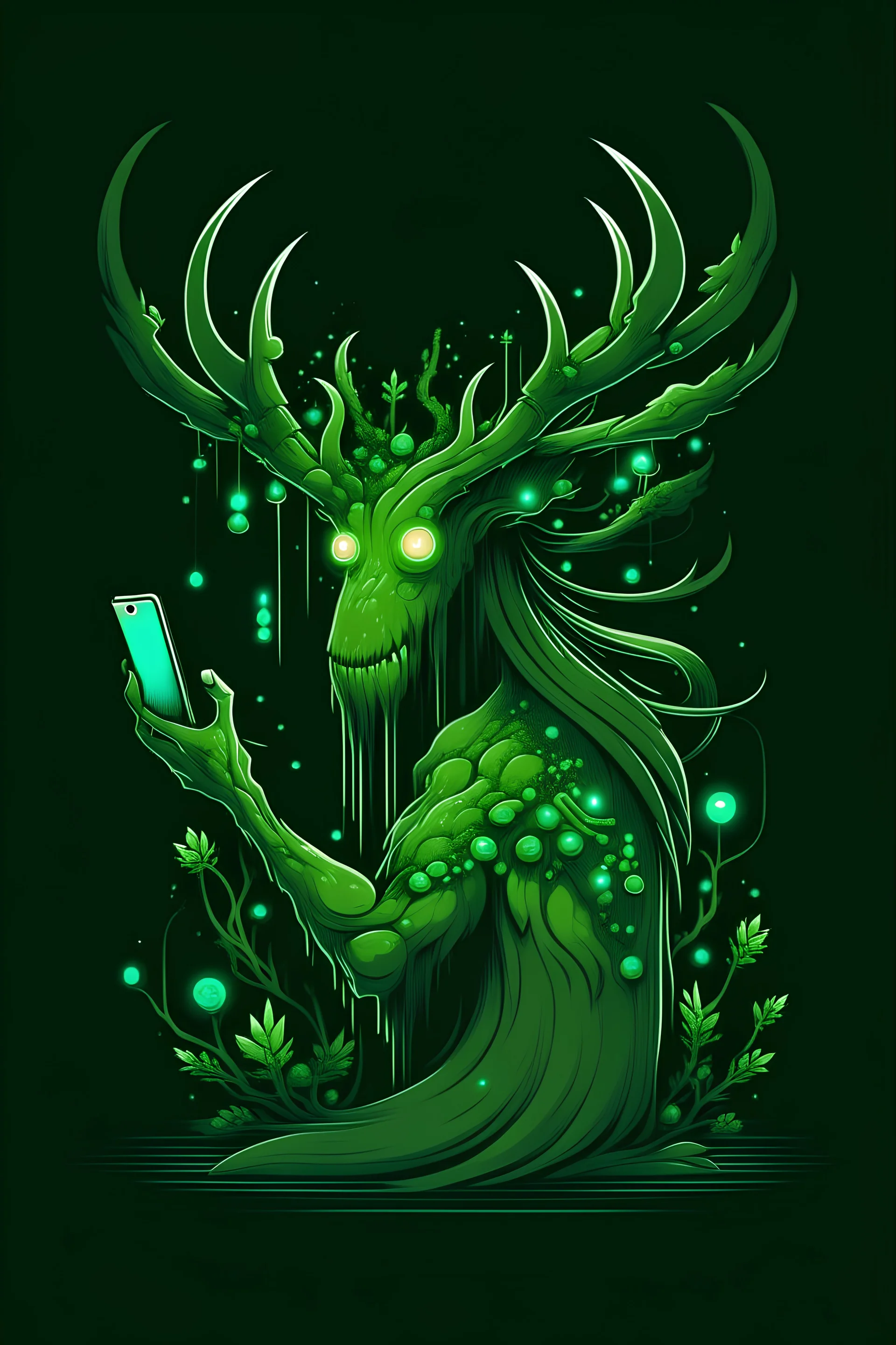 an antlered monster held back the green shine of phone screens