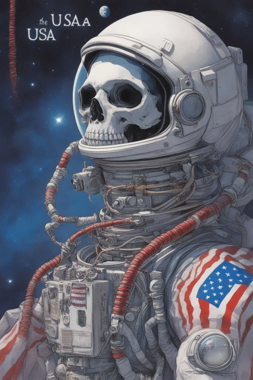 A close up of a skeleton face looking shocked, in an astronaut helmet and suit floating in space. inside the hollow eyes are red shining lights, scary. On his suit is an American flag and in his one hand is a small wavering American flag, on it is written "boned in the USA". From the back of his suit is blowing out blue, white and red smoke. Realistic, 8k, highly detailed, funny